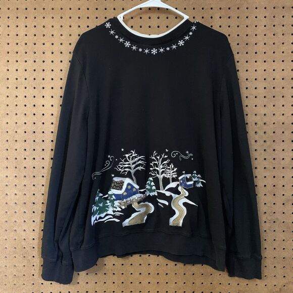 VTG Christmas Sweater Pullover Sweatshirt Black Embroidered Woodland Cabin Xl - Picture 1 of 8